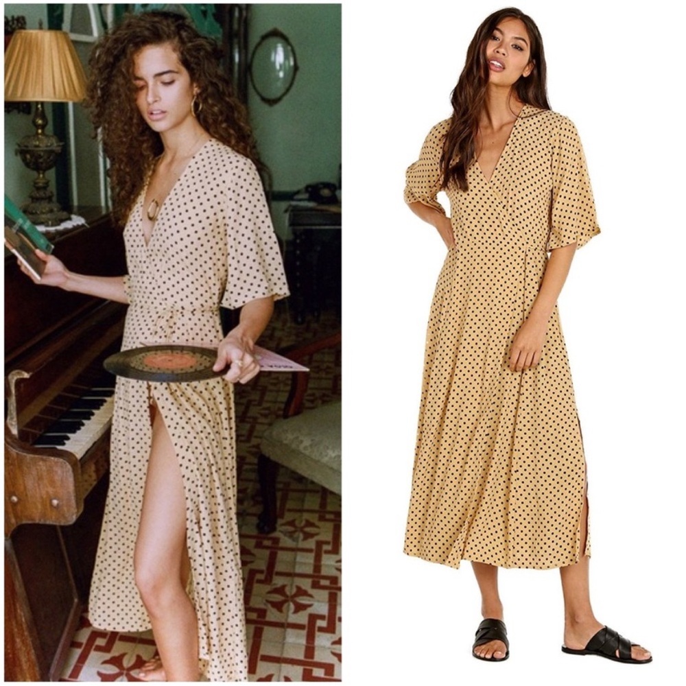 Faithfull the Brand Beige and Black Polka Dot Midi Dress